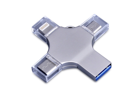 USB-флешка на 64 Гб 4 в 1 поворотный механизм, c дополнительными разъемами MicroUSB, TypeC и Lightning, серебристый