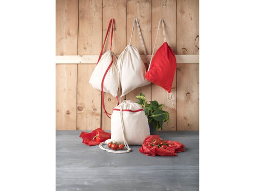 Рюкзак со шнурком Oregon, имеет цветные веревки, изготовлен из хлопка 100 г/м2, бежевый/красный