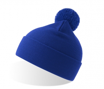 Шапка вязаная  двойная Wind-S, с отворотом и помпоном, ярко-синий, 100% переработанный полиэстер