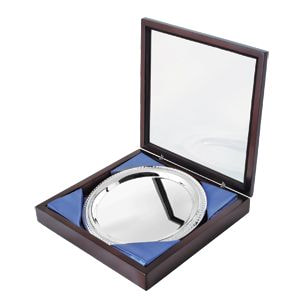 Блюдо подарочное, D = 20 см, посеребренный металл, дерево, лазерная гравировка