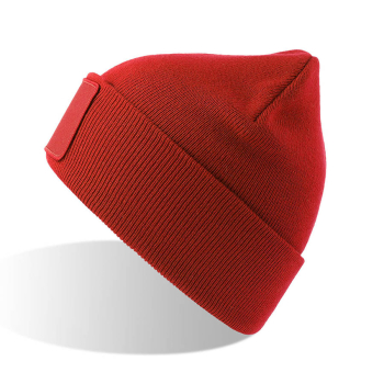 Шапка вязаная  двойная Wind-S, с отворотом и патчем, красный, 100% переработанный полиэстер