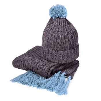Вязаный комплект шарф и шапка GoSnow, антрацит c фурнитурой, голубой, 70% акрил,30% шерсть