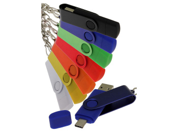 USB-флешка на 16 Гб 2 в 1 поворотный механизм, c дополнительным разъемом Type-C с одноцветным металлическим клипом, черный