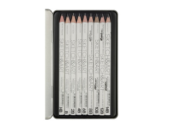 Набор чернографитовых карандашей  "Sketch & Art"  утолщенные,9 шт. hb-14b,  металлическая коробка с ложементом