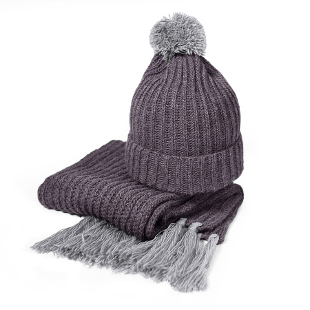 Вязаный комплект шарф и шапка "GoSnow", антрацит c фурнитурой, серый меланж, 70% акрил,30% шерсть