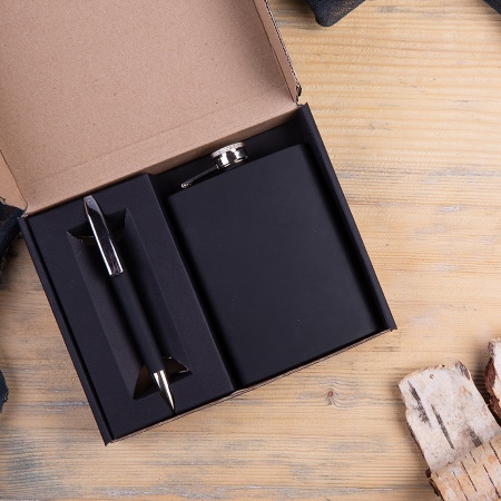 Набор подарочный BLACK LINE: фляжка, ручка, черный