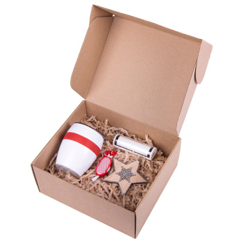 Подарочный набор SURE: наушники, зарядное устройство, термокружка, украшение,  коробка, стружка