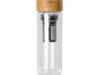 Стеклянный термос из стекла с двойными стенками и ситечком 320 мл "Badachu" в чехле, прозрачный