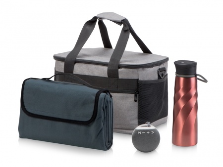 Подарочный набор с пледом и колонкой в сумке - холодильнике " Musical trek", красный