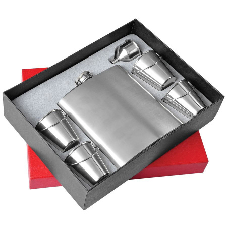 Набор: фляжка , воронка и стаканчики в виде ведер, 530 мл, 85 мл, коробка: 26,5х20,5х5,7 см, металл