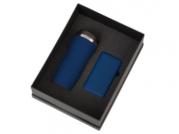 Подарочный набор c вакуумной термокружкой и повербанком С1, темно-синий