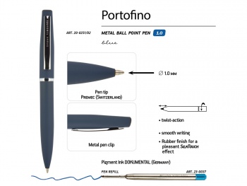 Ручка металлическая шариковая "Portofino", софт-тач, 1.0 мм, синий Ручка металлическая шариковая "Portofino", софт-тач, 1.0 мм, синий
